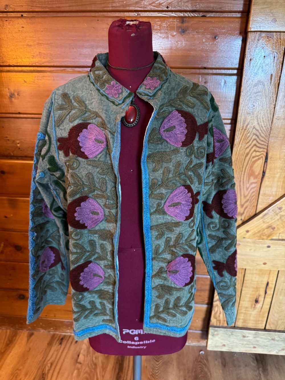 HANDMADE NWOTFloral Embroidered Green Wool Blend Jacket - Purple Flower Accents